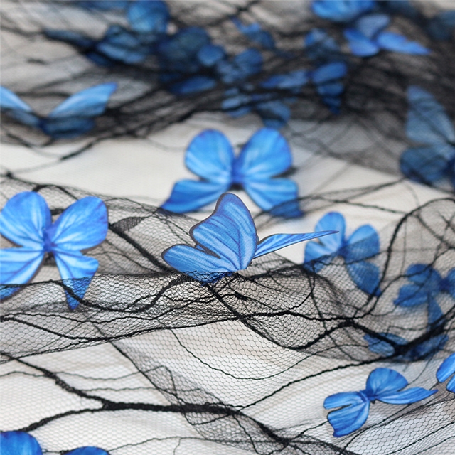 polyester yarn three dimensional butterfly embroidery lace mesh fabric