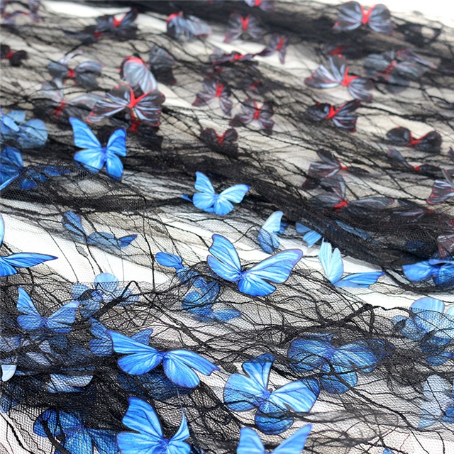 polyester yarn three dimensional butterfly embroidery lace mesh fabric