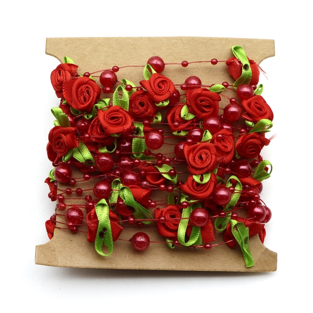 5m plastic/ribbon/ABS pearl string beads garland for wedding party crafts decoration（5m/card） red