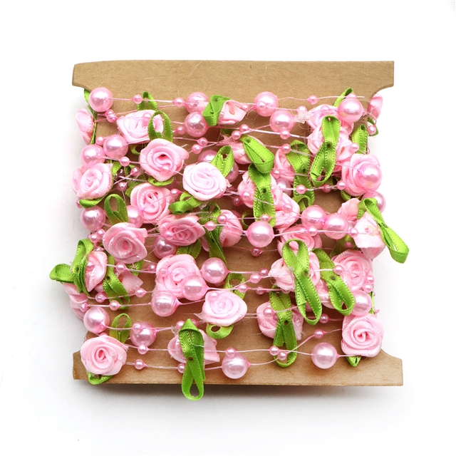 5m plastic/ribbon/ABS pearl string beads garland for wedding party crafts decoration（5m/card） pink