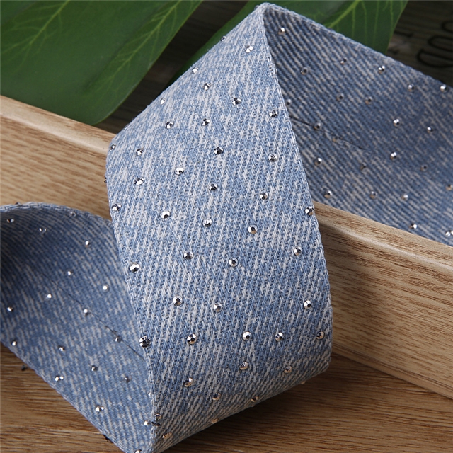 polyester double sided rhinestone denim ribbon