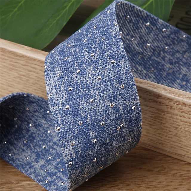 polyester double sided rhinestone denim ribbon