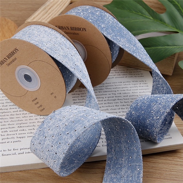 polyester double sided rhinestone denim ribbon