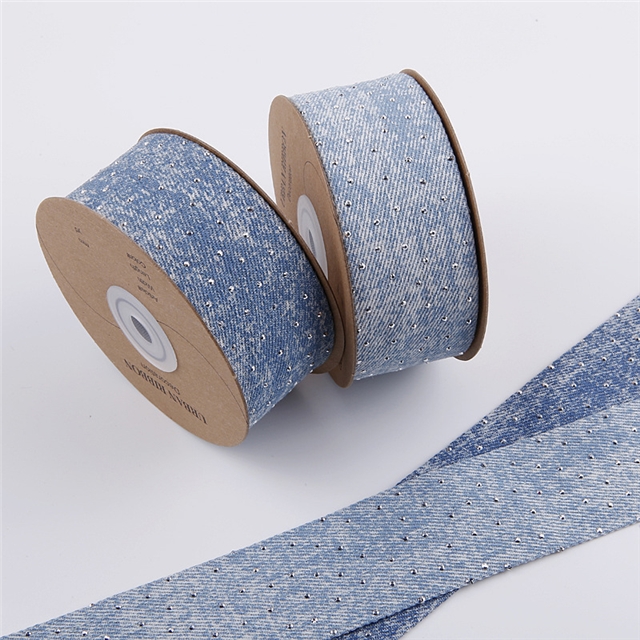 polyester double sided rhinestone denim ribbon