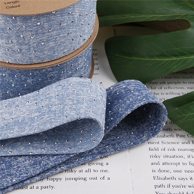 polyester double sided rhinestone denim ribbon
