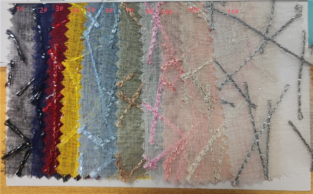 silver thread embroidery with cross patterned polyester fabric