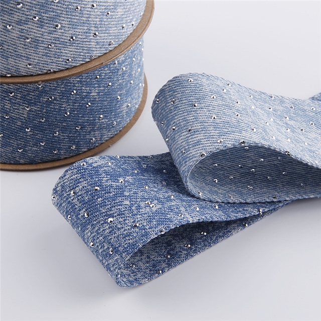 polyester double sided rhinestone denim ribbon