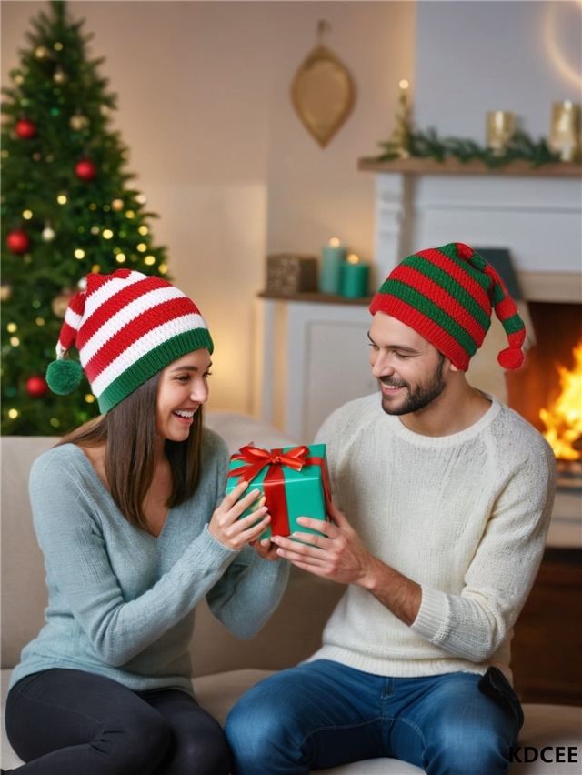 christmas striped knitted hat with yarn