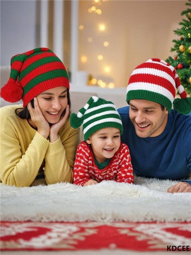 christmas striped knitted hat with yarn