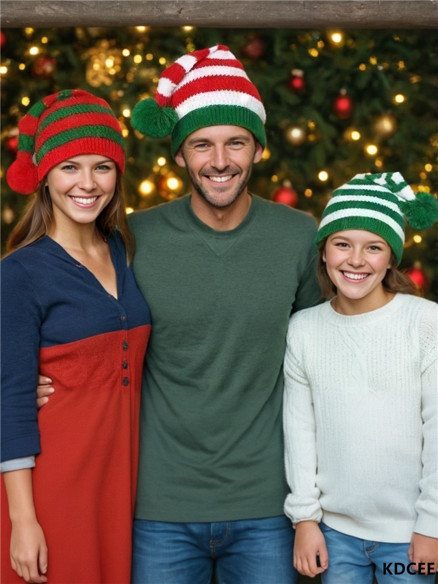christmas striped knitted hat with yarn
