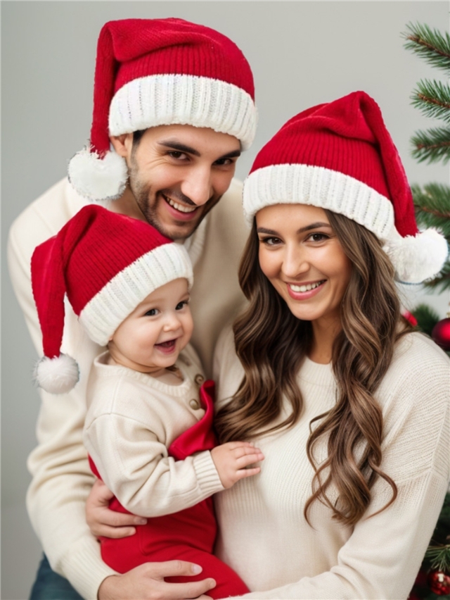 christmas striped knitted hat with yarn