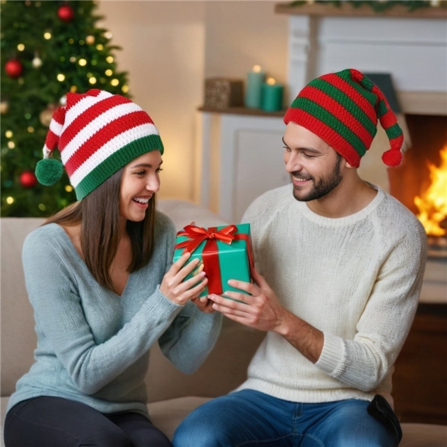 christmas striped knitted hat with yarn