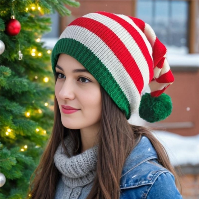 christmas striped knitted hat with yarn