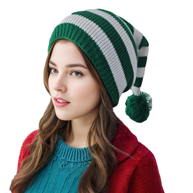 christmas striped knitted hat with yarn