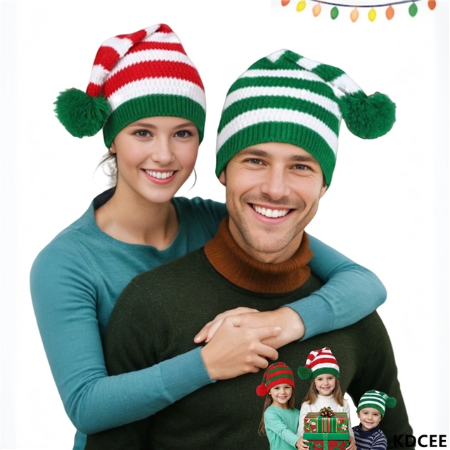 christmas striped knitted hat with yarn