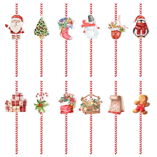 Christmas decoration prop disposable paper straw(24 pieces/set)