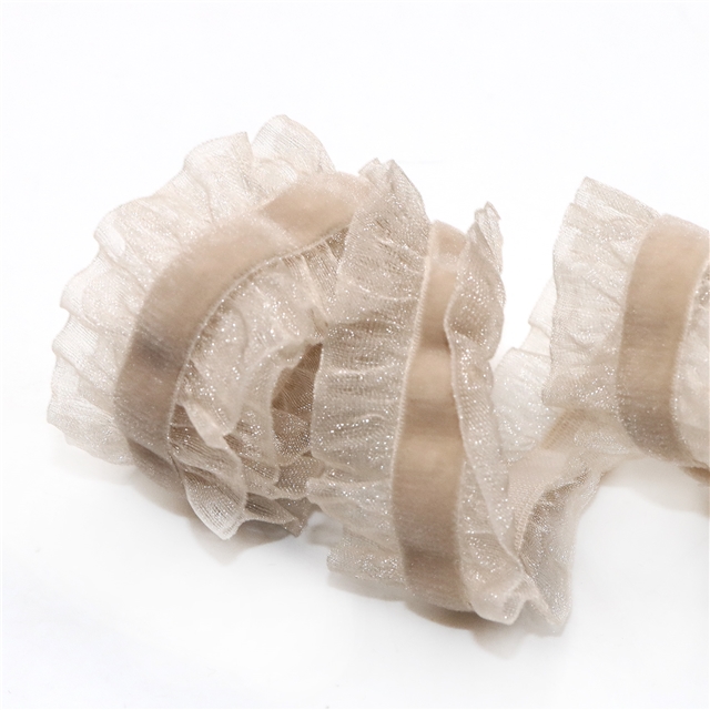mesh gauze velvet snow gauze ruffled elastic band khaki,5yard,25mm(1