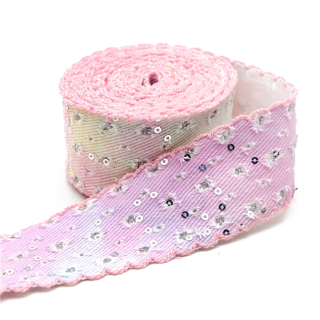 tie dye sequins powder coating perforated denim single layer monochrome hook ribbon