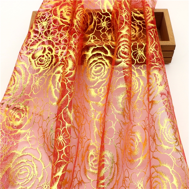 gold hot stamping rose mesh fabric