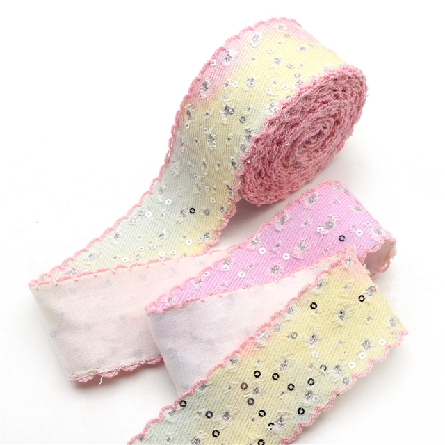 tie dye sequins powder coating perforated denim single layer monochrome hook ribbon