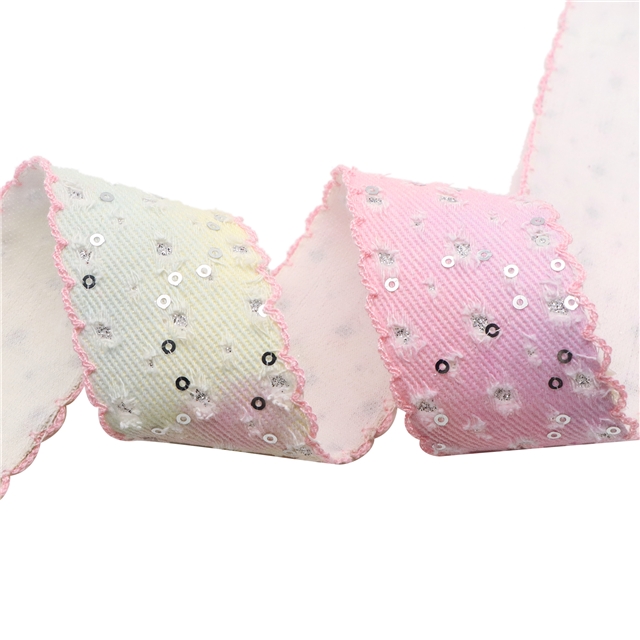 tie dye sequins powder coating perforated denim single layer monochrome hook ribbon