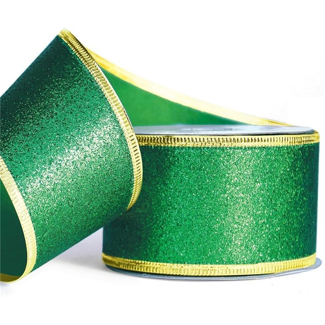 polyester glitter christmas line edged wired ribbon