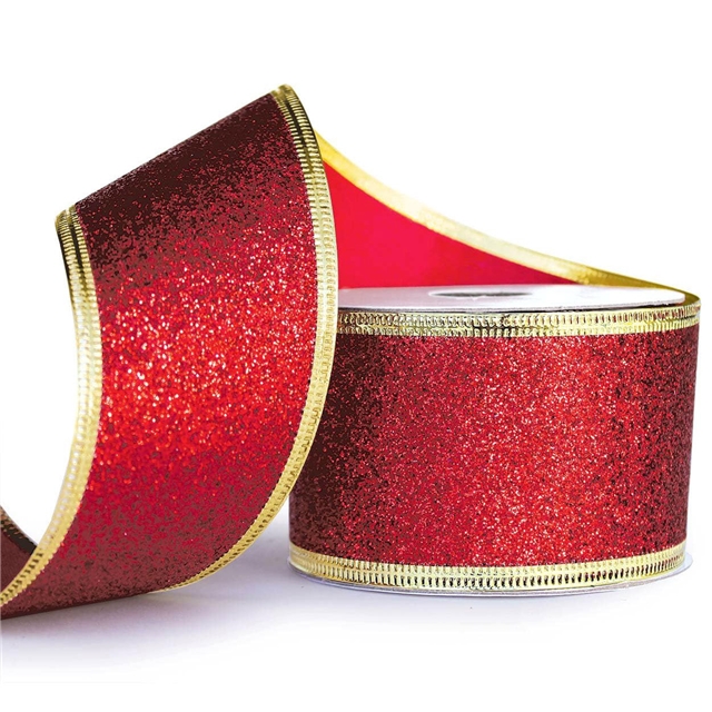 polyester glitter christmas line edged wired ribbon