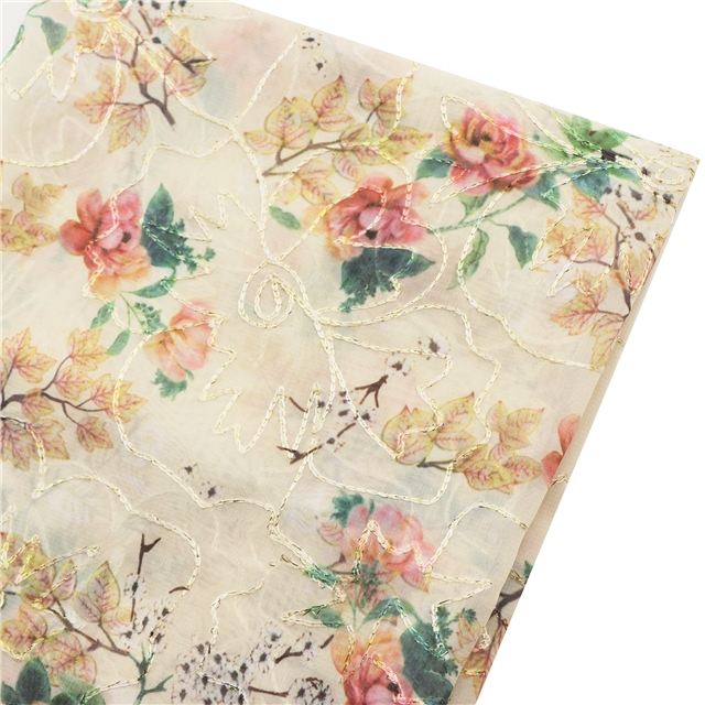 golden thread embroidery flower printed chiffon fabric