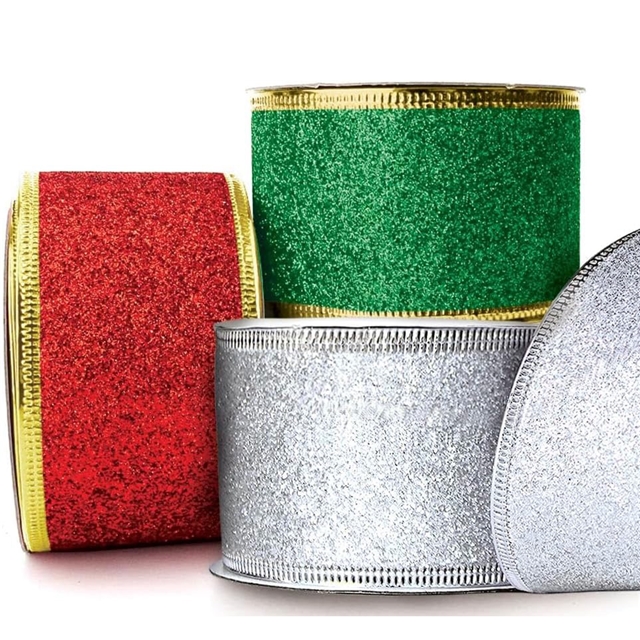 polyester glitter christmas line edged wired ribbon