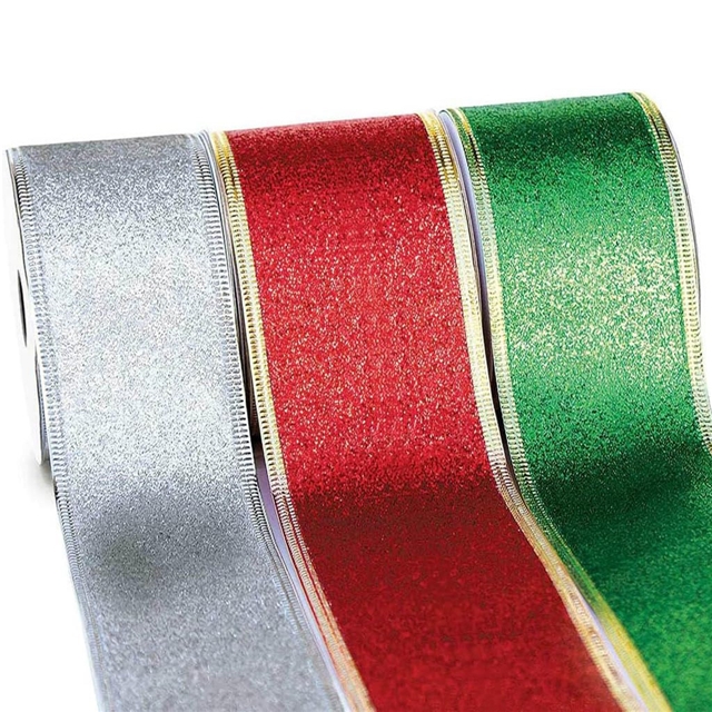 polyester glitter christmas line edged wired ribbon