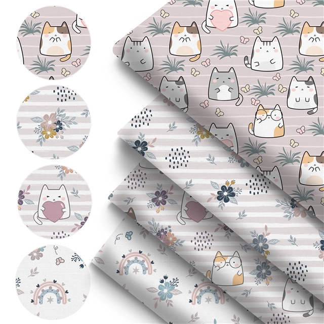 polyester cotton flower cat series polyester cotton fabric set (4 pcs/set)