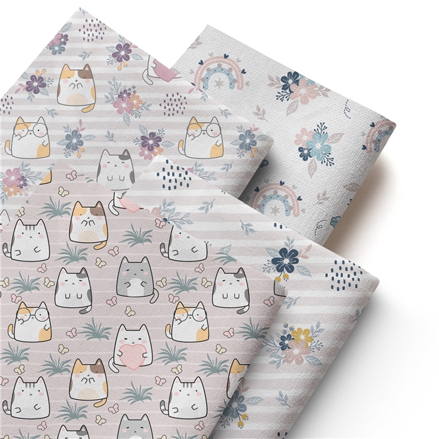 polyester cotton flower cat series polyester cotton fabric set (4 pcs/set)
