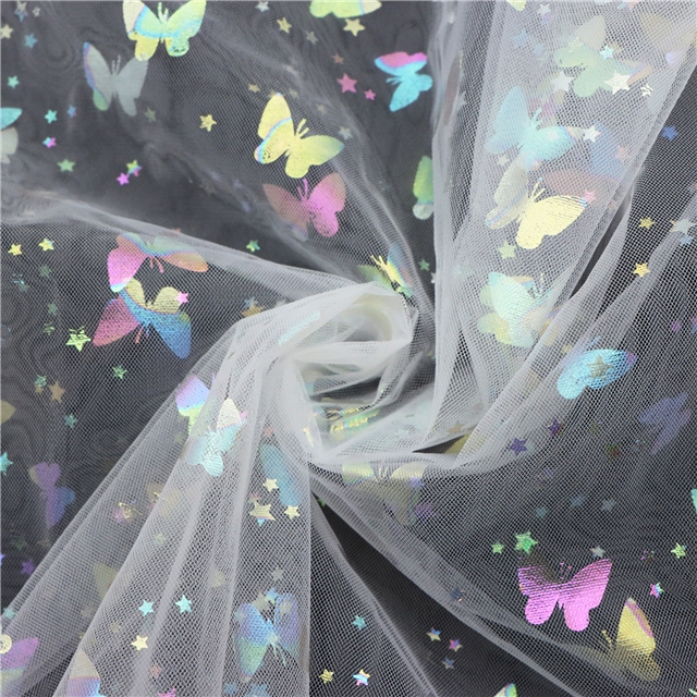 nylon colourful gold hot stamping butterfly star mesh fabric white,50*160cm(19.7*63
