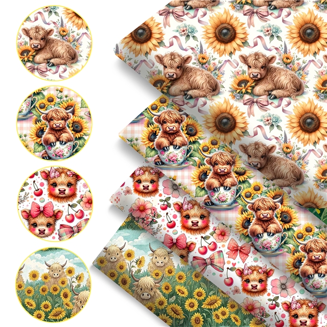 polyester cotton cow sunflower series polyester cotton fabric set (4 pcs/set)