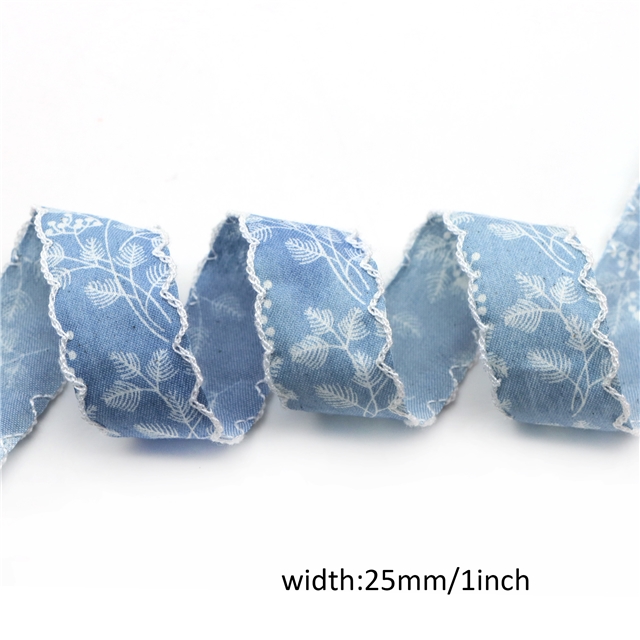 denim fabric bouquet leaves printed denim ribbon 25mm(1