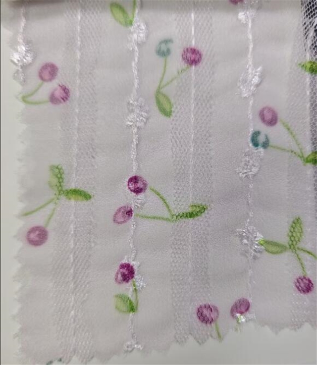 100% polyester Small Fresh Cherry Embroidered Mesh Fabric