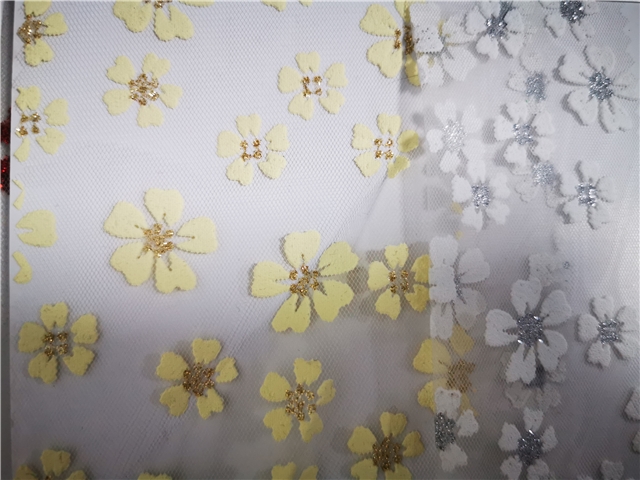 Offset Printing Glitter Flower Mesh Fabric 