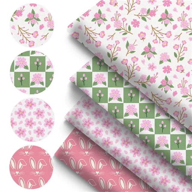 polyester cotton rabbit cherry blossoms series polyester cotton fabric set (4 pcs/set) polyester cotton fabric,20*20cm(7.9*7.9