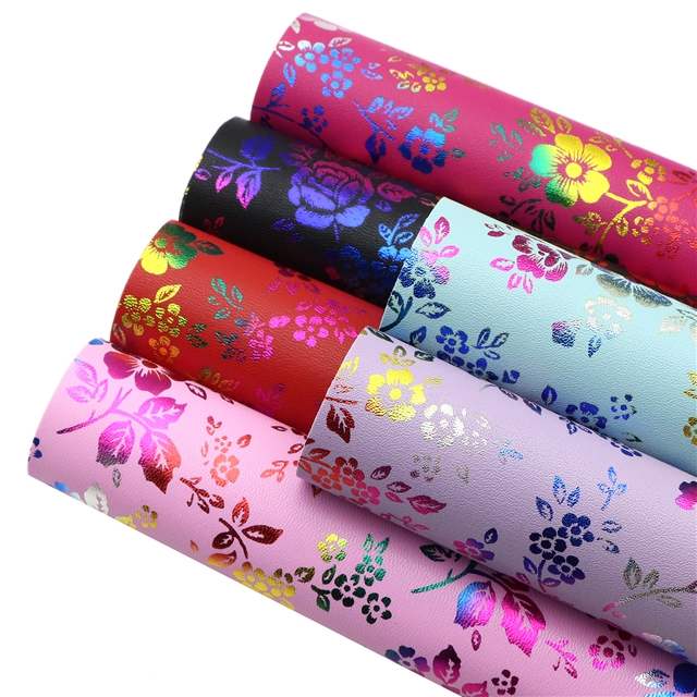 synthetic leather colourful gold hot stamping flower faux leather