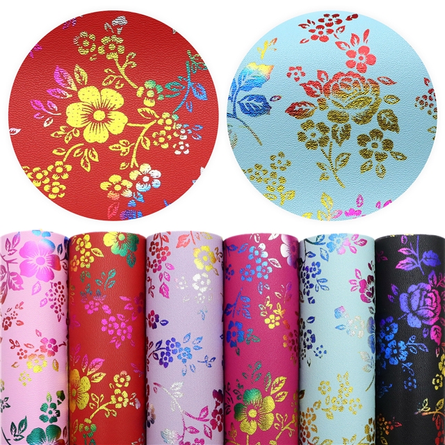 synthetic leather colourful gold hot stamping flower faux leather