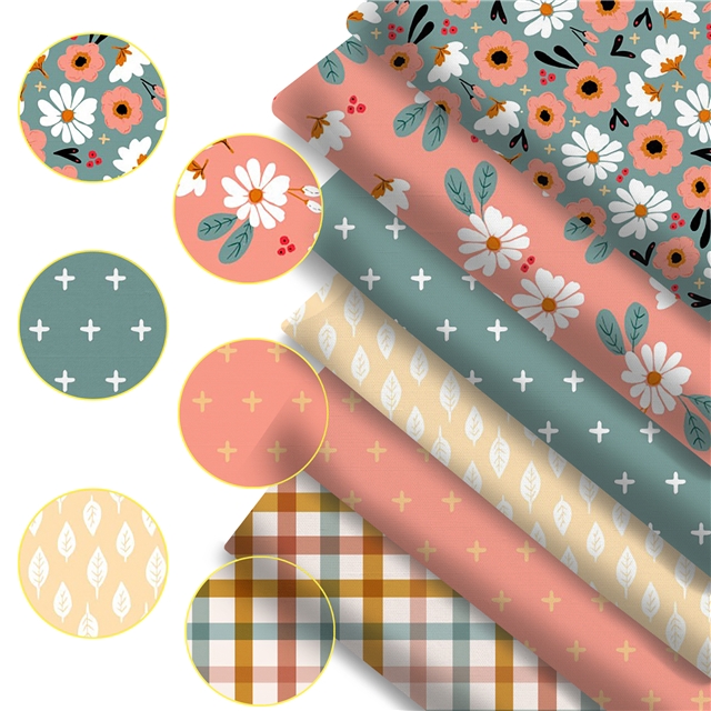 polyester cotton grid leaf flowers series polyester cotton fabric set (6 pcs/set)