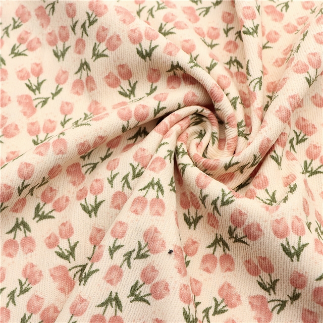 tulip print corduroy fabric 1#beige+pink flower,50*150cm(19.7*59.1