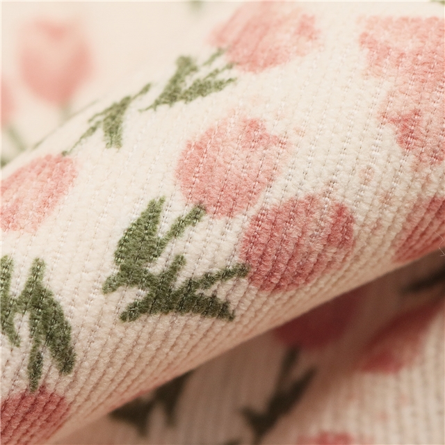 tulip print corduroy fabric 1#beige+pink flower,50*150cm(19.7*59.1