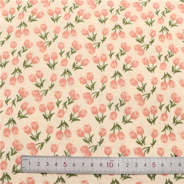 tulip print corduroy fabric 1#beige+pink flower,50*150cm(19.7*59.1