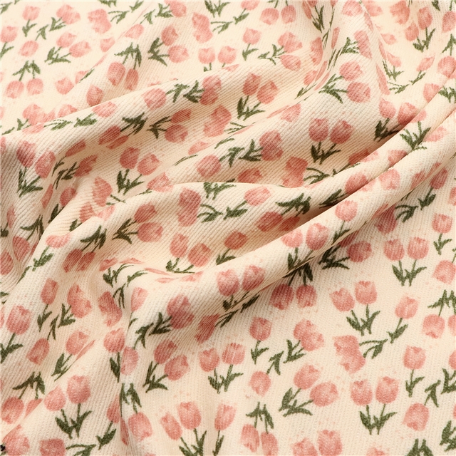 tulip print corduroy fabric 1#beige+pink flower,50*150cm(19.7*59.1