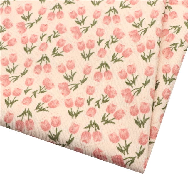 tulip print corduroy fabric 1#beige+pink flower,50*150cm(19.7*59.1