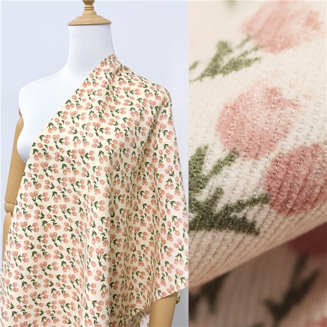 tulip print corduroy fabric 1#beige+pink flower,50*150cm(19.7*59.1