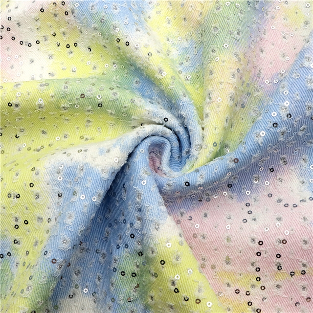tie dye sequins powder coating perforated denim fabric