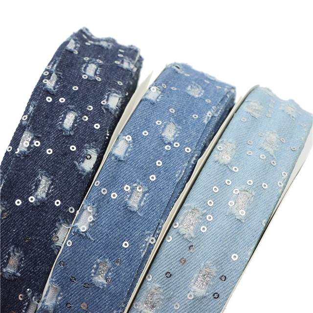 polyester roken hole sequin denim webbing light blue,40mm(1.6
