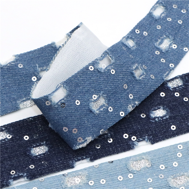 polyester roken hole sequin denim webbing light blue,40mm(1.6